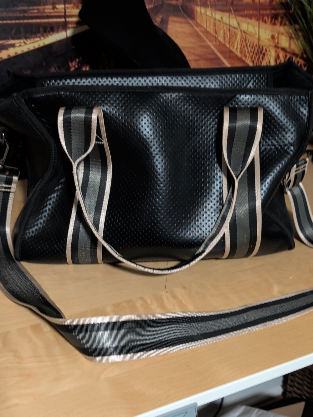 HAUTE SHORE Black Perforated Tote with Striped Tan & Green Handles